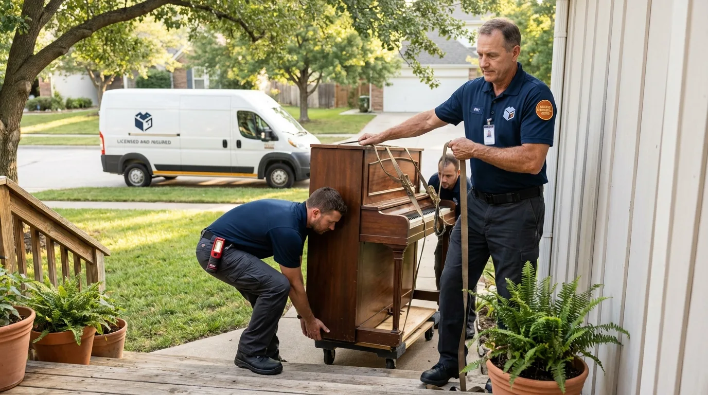 Licensed piano movers securing grand piano in Church Hill, TN