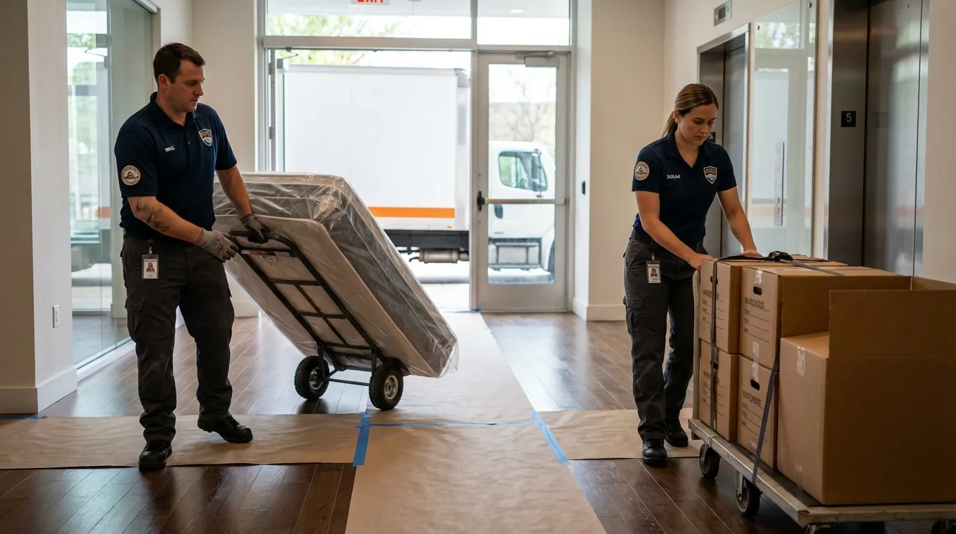 Professional apartment movers loading elevator in Church Hill, TN