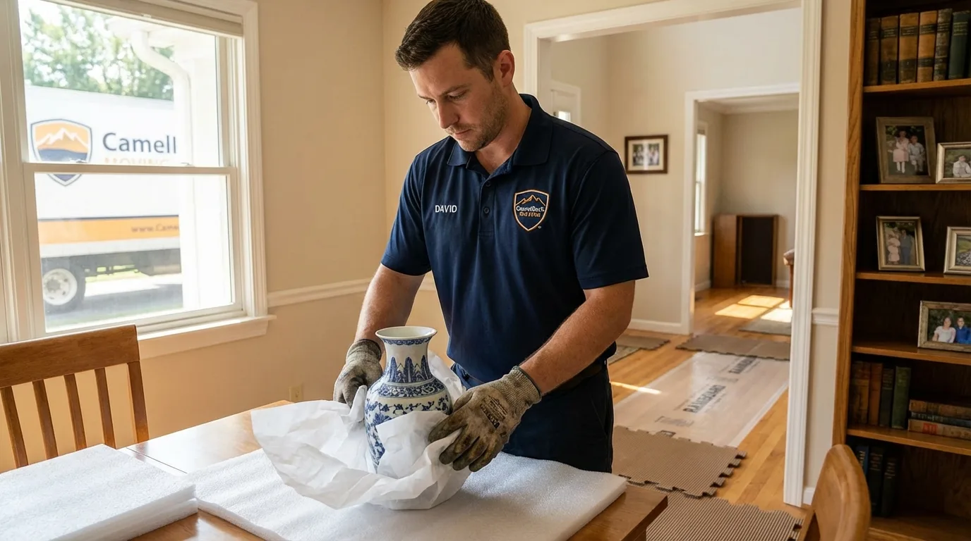 Professional crew carefully wrapping antique vase for senior downsizing move in Church Hill, TN
